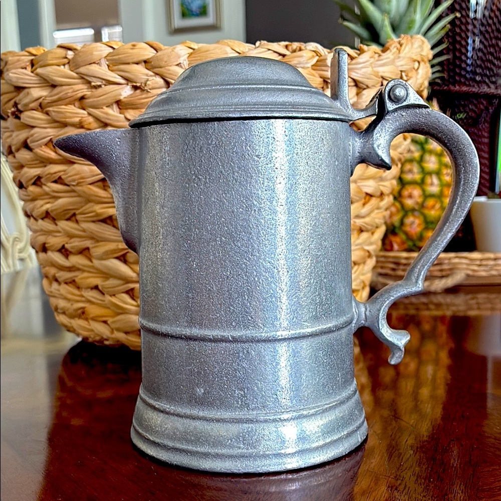 Beautiful Vintage Heavy Pewter Syrup Pitcher with Hinged Lid